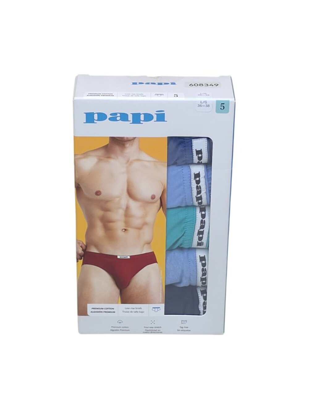 Papi Mens Premium Cotton Low-Rise Briefs 5-Pack L 36-38 Multicolor Tag Free